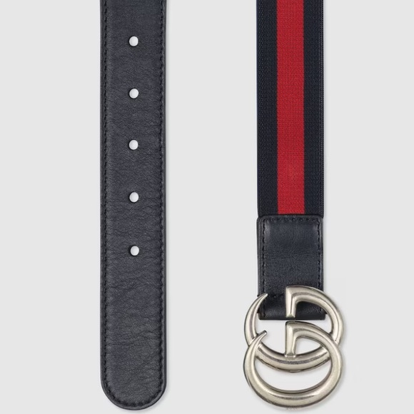 Authentic GUCCI Marmont Blue/Red GG Web Stripe Elastic Kids Navy Leather Belt M - Picture 2 of 9